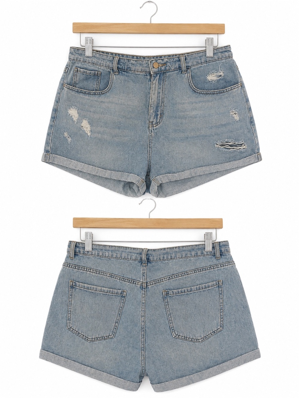 Plus Size - Blue Ripped Distressed High-Rise Denim Shorts
